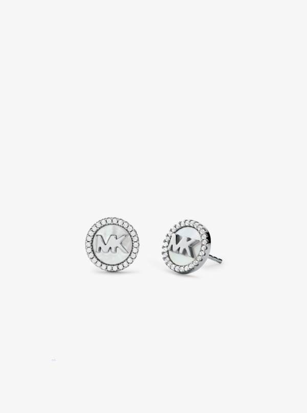 Damske Nausnice Michael Kors Precious Metal-Plated Sterling Silver Pavé Logo Stud Strieborne - Šperky Michael Kors Levně | VYWXF-5143